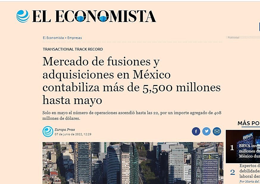 Mercado de fusiones y adquisiciones en México contabiliza más de 5,500 millones hasta mayo